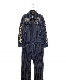 VANSON（バンソン）の古着「デニムストライプオールインワン」｜ネイビー