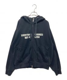 EVISU（エヴィス）の古着「スローガンプリント オーバーサイズ キャップ付きフードジャケット」｜ブラック
