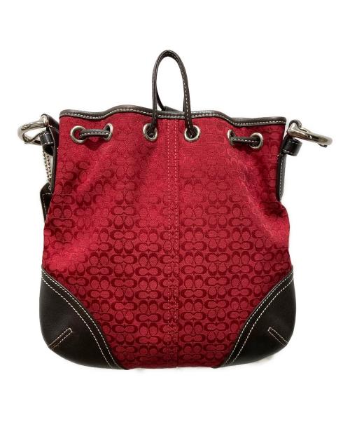COACH（コーチ）COACH (コーチ) 2WAY巾着ハンドバッグ レッド×ブラウンの古着・服飾アイテム