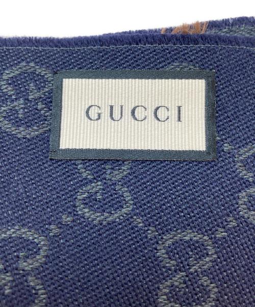 GUCCI（グッチ）GUCCI (グッチ) GG ウール フリンジ ストール グリーン×ネイビー サイズ:OneSize 未使用品の古着・服飾アイテム