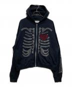DISCOVEREDディスカバード）の古着「HOTFIX BONE&HEART PARKA / ラインストーンジップパーカー」｜ブラック