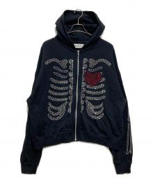 DISCOVERED（ディスカバード）の古着「HOTFIX BONE&HEART PARKA / ラインストーンジップパーカー」｜ブラック