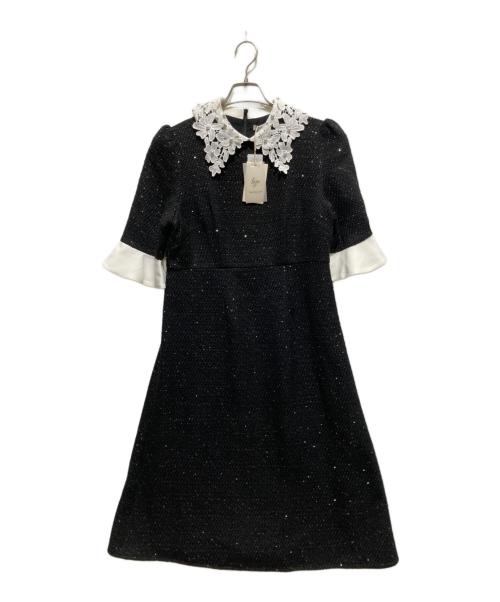 LeJa（レジャ）LEJA (レジャ) 花柄レースカラースパンコールAラインワンピースオケージョンドレス ブラック サイズ:Lの古着・服飾アイテム