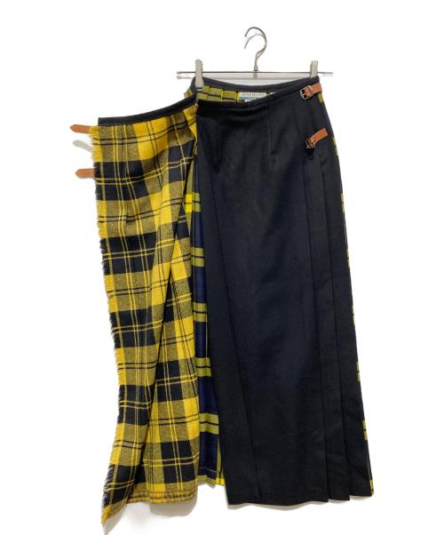 O'NEIL OF DUBLIN（オニール オブ ダブリン）O'NEIL OF DUBLIN (オニール オブ ダブリン) シャギーチェック切替ラップスカート イエロー×ネイビー サイズ:36の古着・服飾アイテム