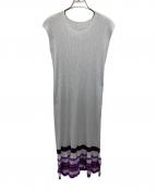 PLEATS PLEASEプリーツプリーズ）の古着「ニット切り替えプリーツワンピース」｜グレー×パープル