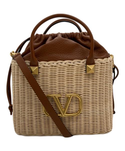 VALENTINO GARAVANI（ヴァレンティノ・ガラヴァーニ）VALENTINO GARAVANI (ヴァレンティノ・ガラヴァーニ) Vロゴウィッカーストローハンドバッグ ベージュ×ブラウン サイズ:-の古着・服飾アイテム