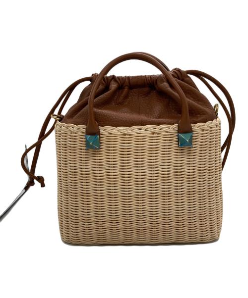 VALENTINO GARAVANI（ヴァレンティノ・ガラヴァーニ）VALENTINO GARAVANI (ヴァレンティノ・ガラヴァーニ) Vロゴウィッカーストローハンドバッグ ベージュ×ブラウン サイズ:-の古着・服飾アイテム