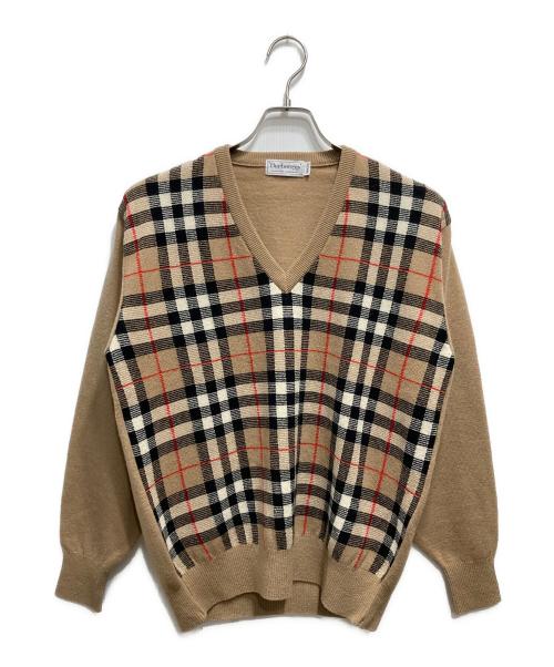 Burberry's（バーバリー）Burberry's (バーバリーズ) Vネックノバチェックウールニット ブラウン サイズ:Mediumの古着・服飾アイテム
