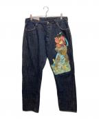 YAMANEヤマネ）の古着「金太郎刺繍デニムパンツ」｜インディゴ