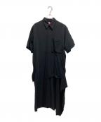 Y's  purple labelワイズパープルレーベル）の古着「アシンメトリーデザイン半袖シャツワンピース」｜ブラック