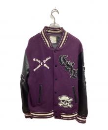 HOUSTON（ヒューストン）の古着「袖レザーアワードジャケット」｜ブラック×パープル