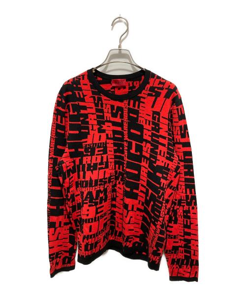 HUGO BOSS（ヒューゴ ボス）HUGO BOSS (ヒューゴ ボス) コレクションスローガン パターンド セーター イン コットンブレンド ニット ジャカード レッド サイズ:Sの古着・服飾アイテム