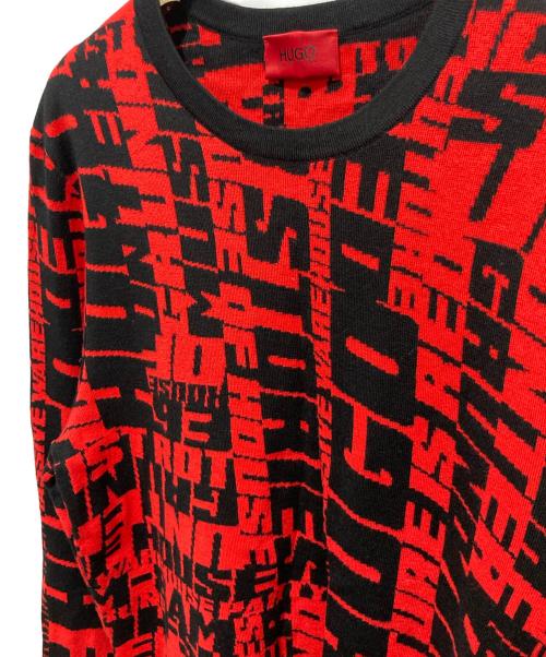HUGO BOSS（ヒューゴ ボス）HUGO BOSS (ヒューゴ ボス) コレクションスローガン パターンド セーター イン コットンブレンド ニット ジャカード レッド サイズ:Sの古着・服飾アイテム