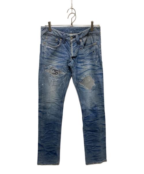 Francis T MOR.K.S（フランシストモークス）Francis T MOR.K.S (フランシストモークス) ラインストーンデザインデニムパンツ インディゴ サイズ:Mの古着・服飾アイテム