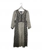 ne quittez pasヌキテパ）の古着「コットンジャガードコンビプリントギャザードレス」｜ホワイト×ブラック