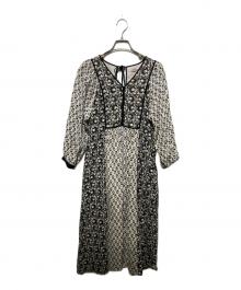 ne quittez pas（ヌキテパ）の古着「コットンジャガードコンビプリントギャザードレス」｜ホワイト×ブラック