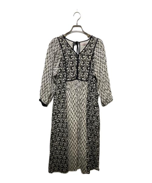 ne quittez pas（ヌキテパ）ne quittez pas (ヌキテパ) コットンジャガードコンビプリントギャザードレス ホワイト×ブラック サイズ:Sの古着・服飾アイテム