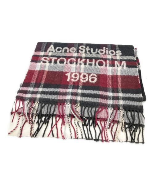 Acne studios（アクネ ストゥディオズ）ACNE STUDIOS (アクネ ストゥディオズ) 3Dロゴ大判マフラー グレー×レッド 未使用品の古着・服飾アイテム