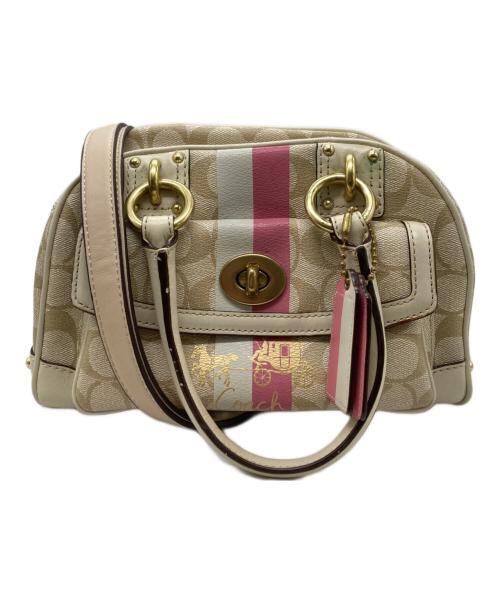 COACH（コーチ）COACH (コーチ) ヘリテージ ストライプ ハンドバッグ ベージュ×ピンクの古着・服飾アイテム