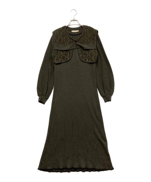 PUBLIC TOKYO（パブリックトウキョウ）PUBLIC TOKYO (パブリックトウキョウ) ダイヤパターンセットニット長袖ワンピース カーキ サイズ:-の古着・服飾アイテム