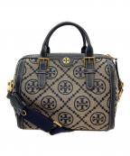 TORY BURCHトリーバーチ）の古着「Tモノグラムミニバレルバッグ」｜ベージュ×ネイビー