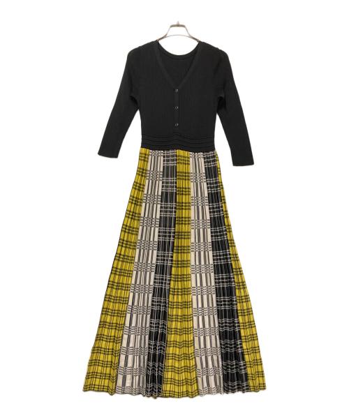 GRACE CONTINENTAL（（グレースコンチネンタル）GRACE CONTINENTAL (（グレースコンチネンタル) チェックプリーツニットワンピース ブラック×イエロー サイズ:SIZE 36の古着・服飾アイテム
