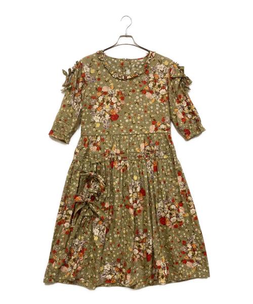 KANEKO ISAO（カネコ イサオ）KANEKO ISAO (カネコ イサオ) 花柄フリルワンピース カーキ サイズ:-の古着・服飾アイテム