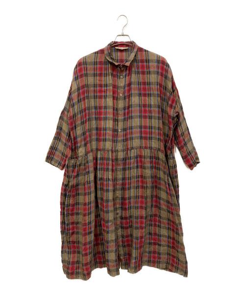 ICHI Antiquites（イチアンティークス）ICHI Antiquites (イチアンティークス) リネンチェックシャツワンピース レッド サイズ:SIZE Freeの古着・服飾アイテム