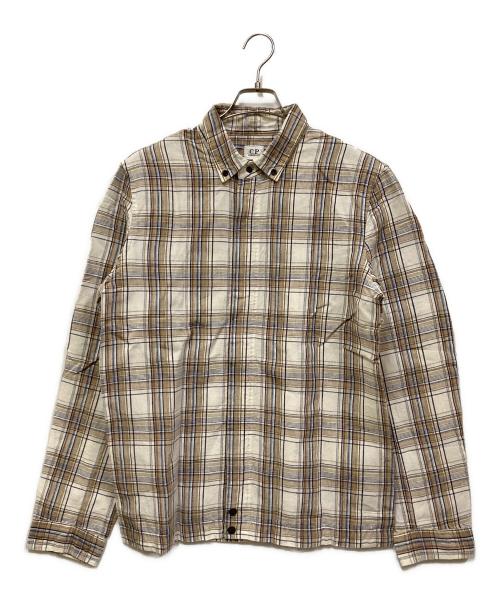 C.P COMPANY（シーピーカンパニー）C.P COMPANY (シーピーカンパニー) リネンチェックジップアップシャツ ベージュ サイズ:SIZE Lの古着・服飾アイテム