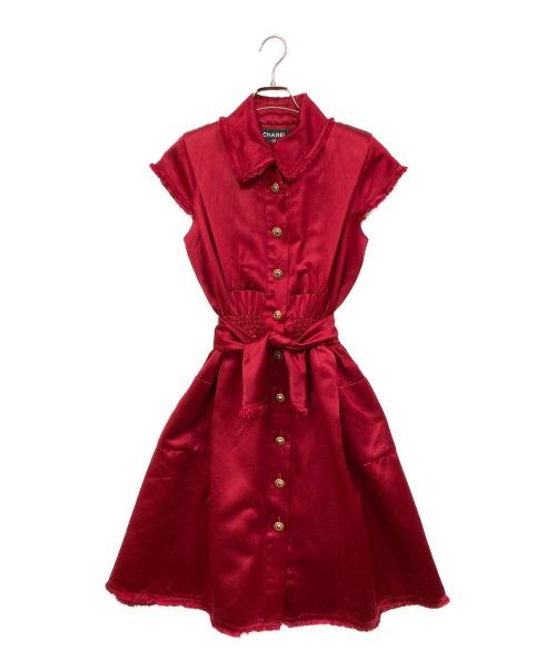 CHANEL（シャネル）CHANEL (シャネル) ココマークボタンシルクギャザーウエストワンピース レッド サイズ:SIZE 36の古着・服飾アイテム