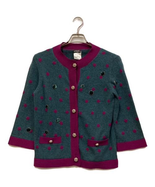 CHANEL（シャネル）CHANEL (シャネル) ココマークボタンカシミヤニットジャケット パープル×グリーン サイズ:SIZE 38の古着・服飾アイテム