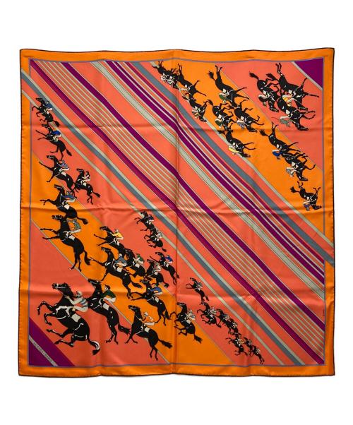 HERMES（エルメス）HERMES (エルメス) カレ90/シルクスカーフ/競馬柄 パープル×オレンジの古着・服飾アイテム