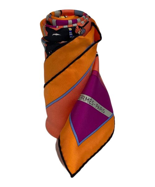 HERMES（エルメス）HERMES (エルメス) カレ90/シルクスカーフ/競馬柄 パープル×オレンジの古着・服飾アイテム