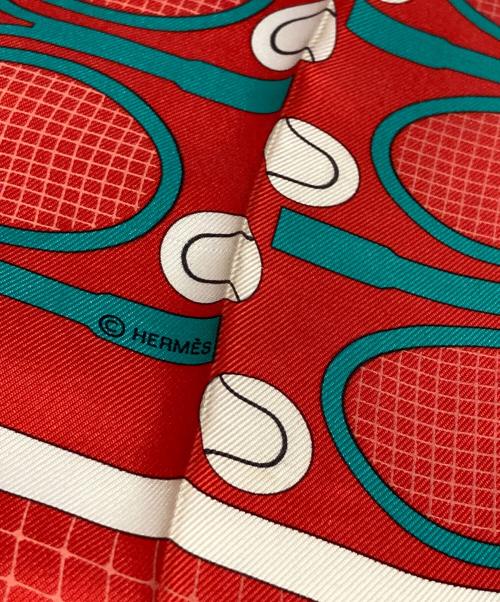 HERMES（エルメス）HERMES (エルメス) テニス柄プチカレ40 シルクスカーフ グリーン×レッドの古着・服飾アイテム