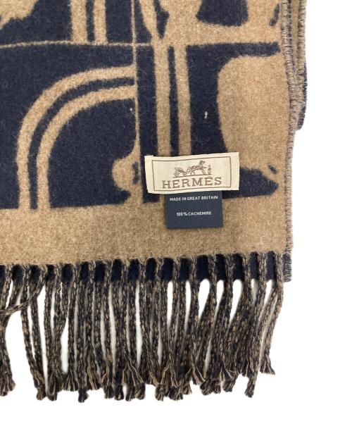 HERMES（エルメス）HERMES (エルメス) カシミヤマフラー/Ｈエコセ・レクトヴェルソ ブラウン×ネイビーの古着・服飾アイテム
