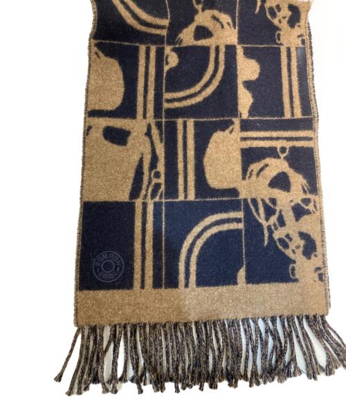 HERMES（エルメス）HERMES (エルメス) カシミヤマフラー/Ｈエコセ・レクトヴェルソ ブラウン×ネイビーの古着・服飾アイテム