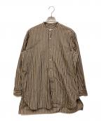 COMOLIコモリ）の古着「ストライプバンドカラーシャツ」｜ネイビー×ベージュ