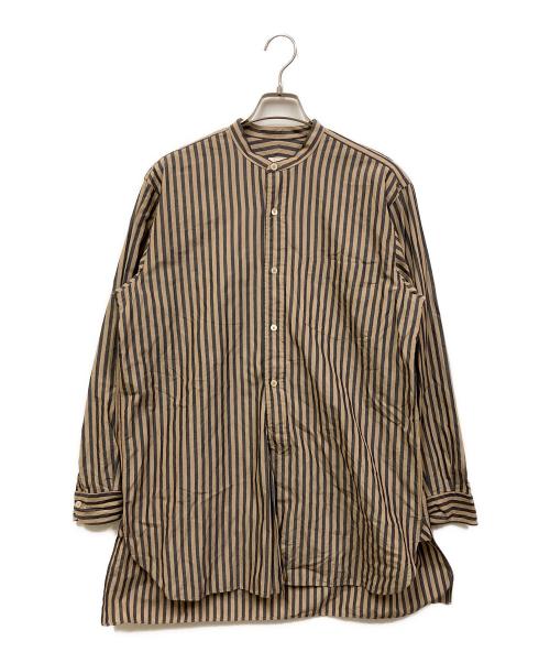 COMOLI（コモリ）COMOLI (コモリ) ストライプバンドカラーシャツ ネイビー×ベージュ サイズ:2の古着・服飾アイテム