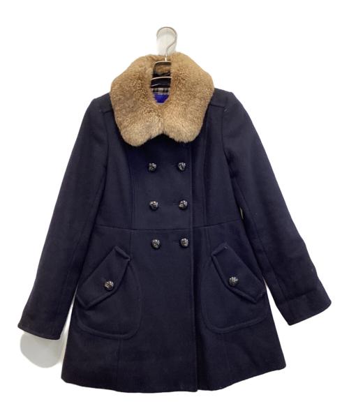 BURBERRY BLUE LABEL（バーバリー ブルー レーベル）BURBERRY BLUE LABEL (バーバリー ブルー レーベル) ラビットファー付きウールコート ネイビー サイズ:36の古着・服飾アイテム