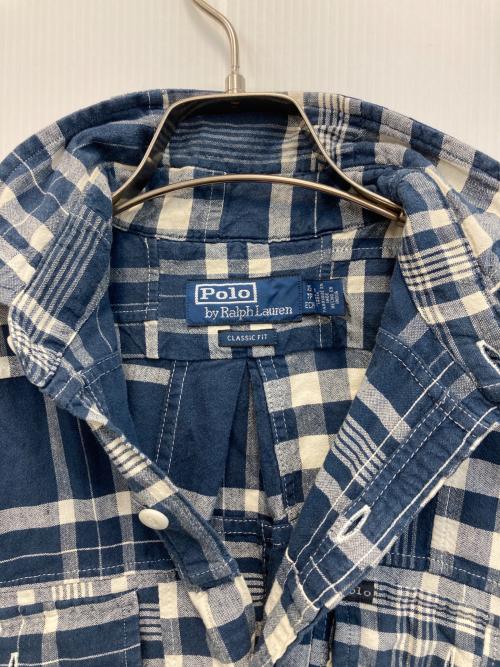 POLO RALPH LAUREN（ポロ・ラルフローレン）POLO RALPH LAUREN (ポロ・ラルフローレン) クラシックフィットパッチワークワークシャツ ネイビー×ホワイト サイズ:xsの古着・服飾アイテム