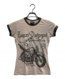 HARLEY-DAVIDSON（ハーレーダビッドソン）の古着「00s ピンナップガールリンガーTシャツ」｜ベージュ
