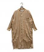 ticcaティッカ）の古着「ノーカラースクエアビッグロングシャツ」｜ホワイト×イエロー