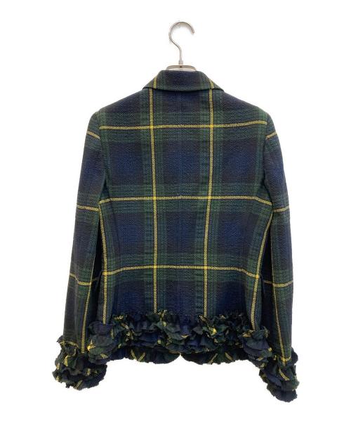 BOUTIQUE MOSCHINO（ブティック モスキーノ）BOUTIQUE MOSCHINO (ブティック モスキーノ) チェックフリルテーラードジャケット グリーン×ネイビー サイズ:40の古着・服飾アイテム