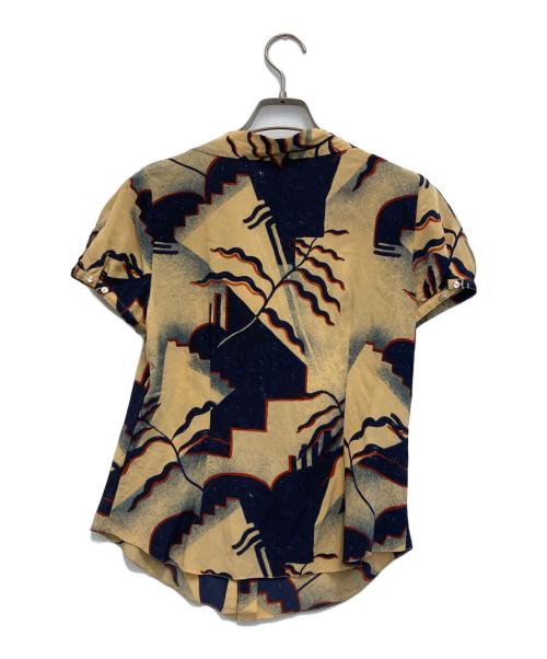 RALPH LAUREN（ラルフローレン）RALPH LAUREN (ラルフローレン) 幾何学ボウタイシルクブラウス ネイビー×ベージュ サイズ:6の古着・服飾アイテム