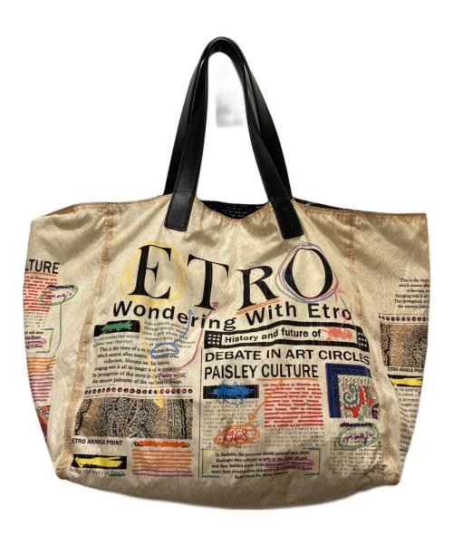 ETRO（エトロ）ETRO (エトロ) リバーシブル タブロイドプリント トートバッグ ベージュ×ブラックの古着・服飾アイテム