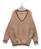 KEBOZケボズ）の古着「ロゴ刺繍ラインリブ チルデンニット」｜ピンク