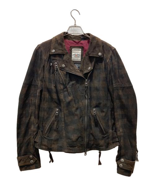 HARLEY-DAVIDSON（ハーレーダビッドソン）HARLEY-DAVIDSON (ハーレーダビッドソン) Haunt Plaid Leather Biker Jacket ブラウン サイズ:Mの古着・服飾アイテム