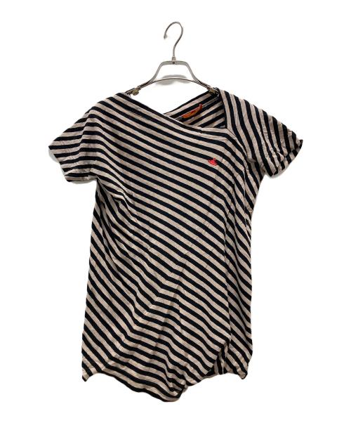 Vivienne Westwood RED LABEL（ヴィヴィアンウエストウッドレッドレーベル）Vivienne Westwood RED LABEL (ヴィヴィアンウエストウッドレッドレーベル) オーブ刺繍変形ボーダーカットソー ベージュ サイズ:1の古着・服飾アイテム