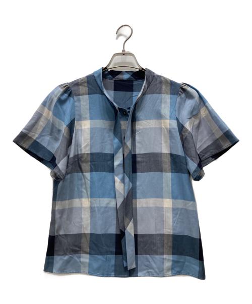 BLUE LABEL CRESTBRIDGE（ブルーレーベルクレストブリッジ）BLUE LABEL CRESTBRIDGE (ブルーレーベルクレストブリッジ) チェックライトエアリーツイルボウタイブラウス ブルー サイズ:Ⅿの古着・服飾アイテム