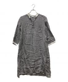 fog linen work（フォグリネンワーク）の古着「リネンチェックブラウスワンピース」｜グレー